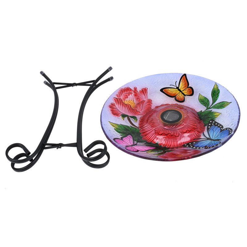 Solar LED Floral Glass Bird Bath with Stand - Butterflies & Peonies