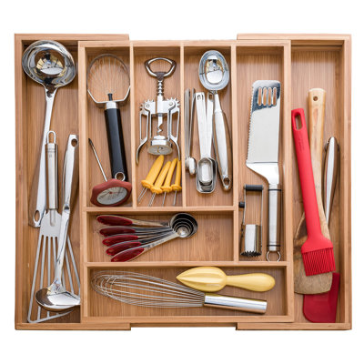 Expandable Bamboo Drawer Organizer - Large Kitchen Utensil Holder For Cutlery, Silverware, Flatware Storage - Utensil Organizer For Kitchen Drawers, Desk, Junk Drawer Organizer Tray, 8-Slot