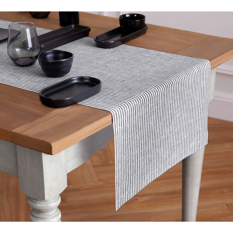 Black and White Narrow Stripe Linen Table Runner 14 x 90 Inch