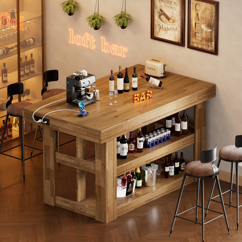 Îlot de cuisine de 55 po avec prises de courant, très grande surface de travail, table d'îlot fixe en bois à 3 niveaux avec tablette de rangement pour la salle à manger de cuisine