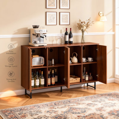 Mid-Century Modern Walnut Sideboard Buffet Cabinet, 59*16*33 inches Geometric Carved Storage Cabinet with Metal Legs, Multi-Purpose Credenza for Living Room