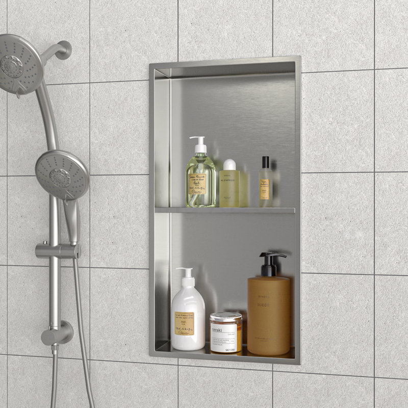 13" X 25" Stainless Steel Shower Niche Double Shelf, Brushed Nickel, Brushed Nickel