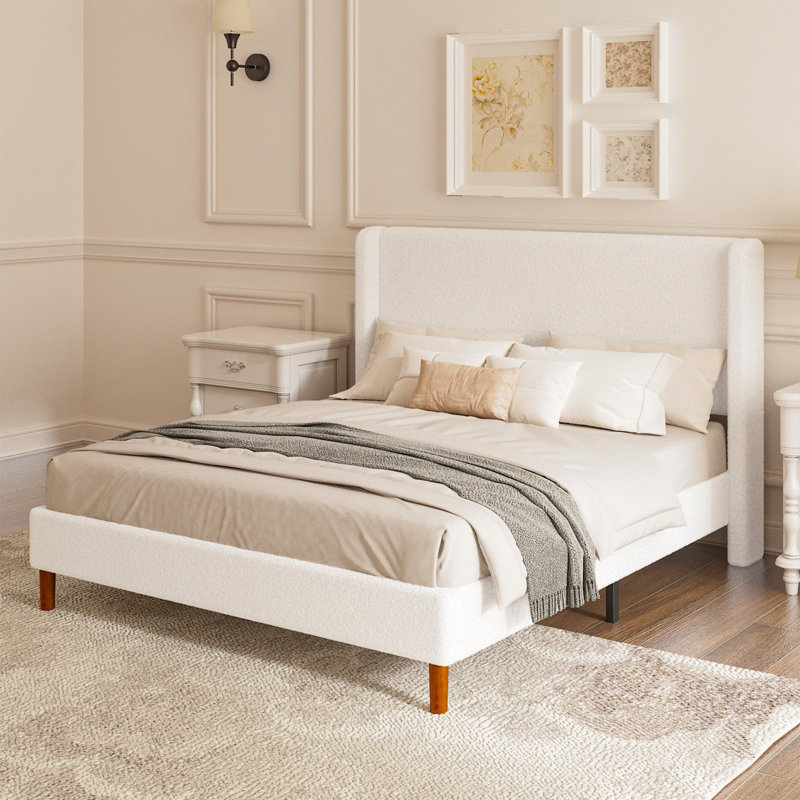 Structure de grand lit, lit plateforme tapissier avec tête de lit à oreilles Boucle, support de lattes en bois robuste, sommier anti-bruit, assemblage facile, sans sommier tapissier, blanc
