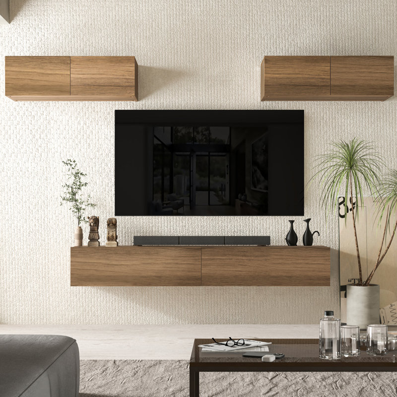 4-Piece Wall Mounted Floating Entertainment Center In Walnut – Tv Console With Staggered Upper Wall Cabinets, Modern Media Storage