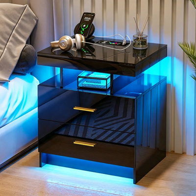 24-Color RGB Bedside Table with Charging, Motion Sensor & Drawers