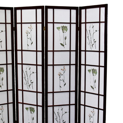 Cloison de 70 po de hauteur à 4 écrans en bois de cerisier avec motif floral asiatique traditionnel