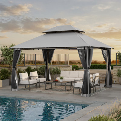  12' x 10' Heavy Duty Patio Gazebo with Extended Eaves - Stable Frame Double Roof Pavilion with Netting and Built-In Drainage