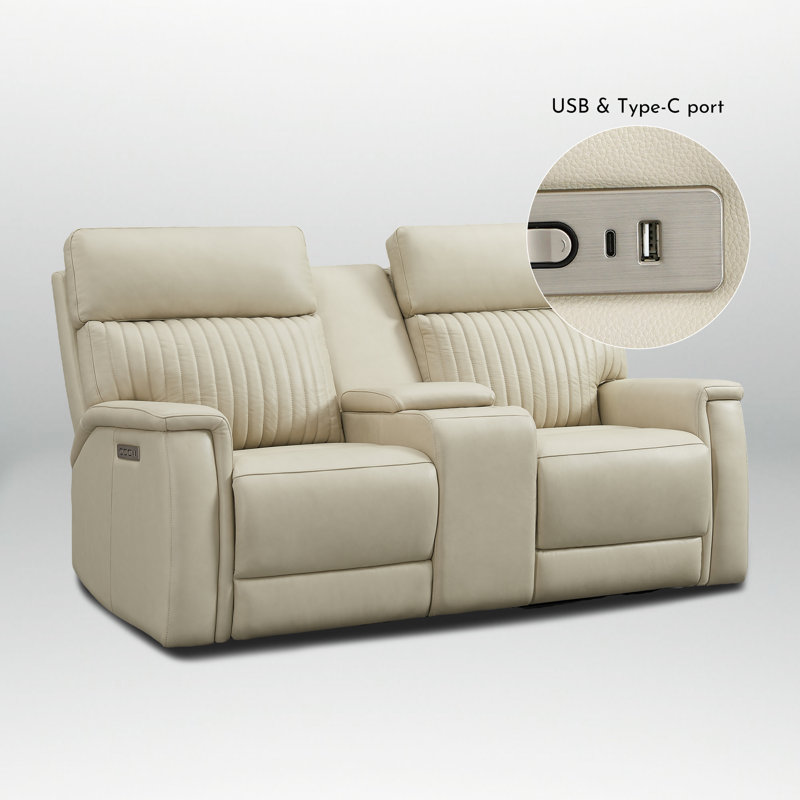 One Harr Genuine Leather Power Triple Motor Reclining Sofa Loveseat with USB & Type-C Ports and Drop Down Table Tray, Cream