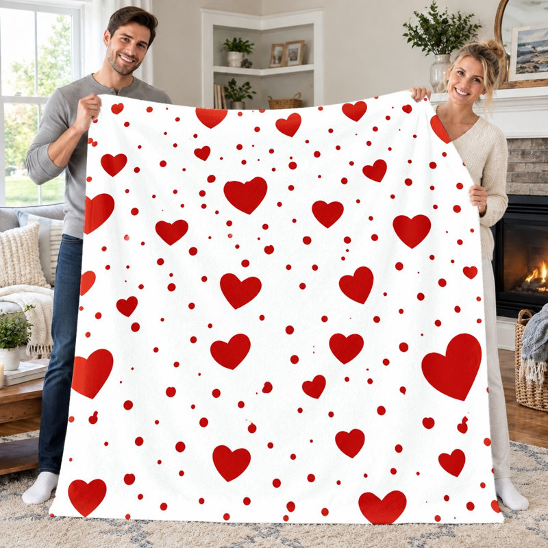 1pc Heart Print Flannel Blanket, Cute Red Hearts Pattern Soft Cozy Warm Blanket for Sofa Couch Bed Living Room Bedroom Dorm Office Travel, Home Decor All‑Season Blanket,, Valentine's Day Gift