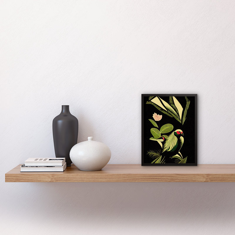Green Black Tropical Plant Leaves Bird - Single Picture Frame Print
