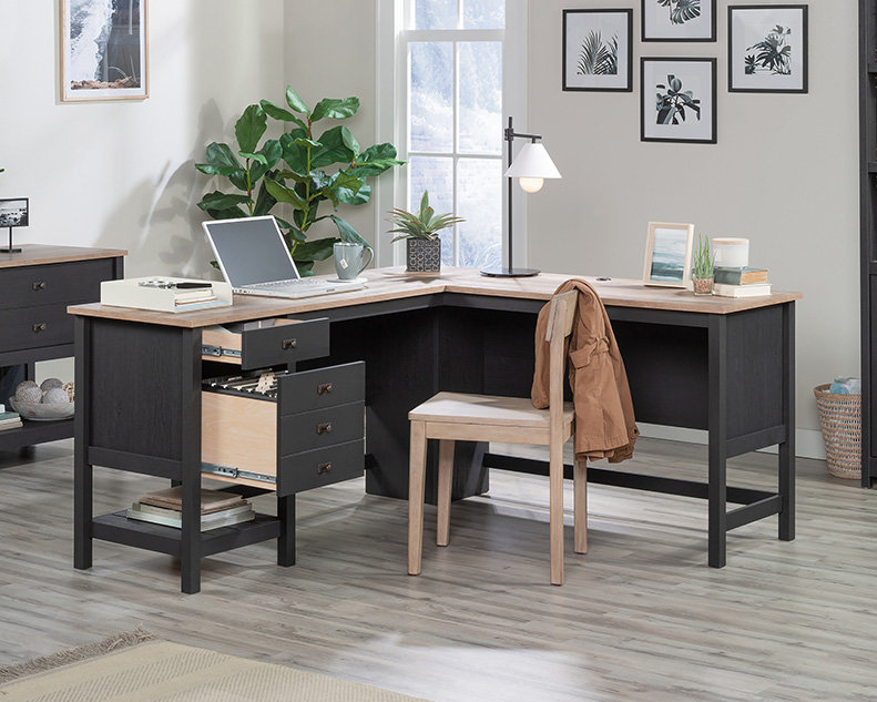 Bureau en L avec tiroirs en chêne Raven