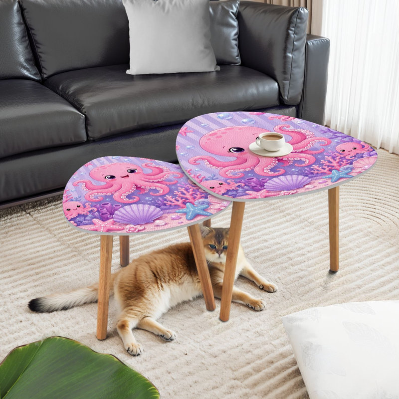 Ensemble de 2 tables basses gigognes triangulaires modernes, motif pieuvre rose, style sous-marin, empilables, style milieu du siècle, idéales pour le salon, la chambre, un appartement ou toute autre pièce de décoration.