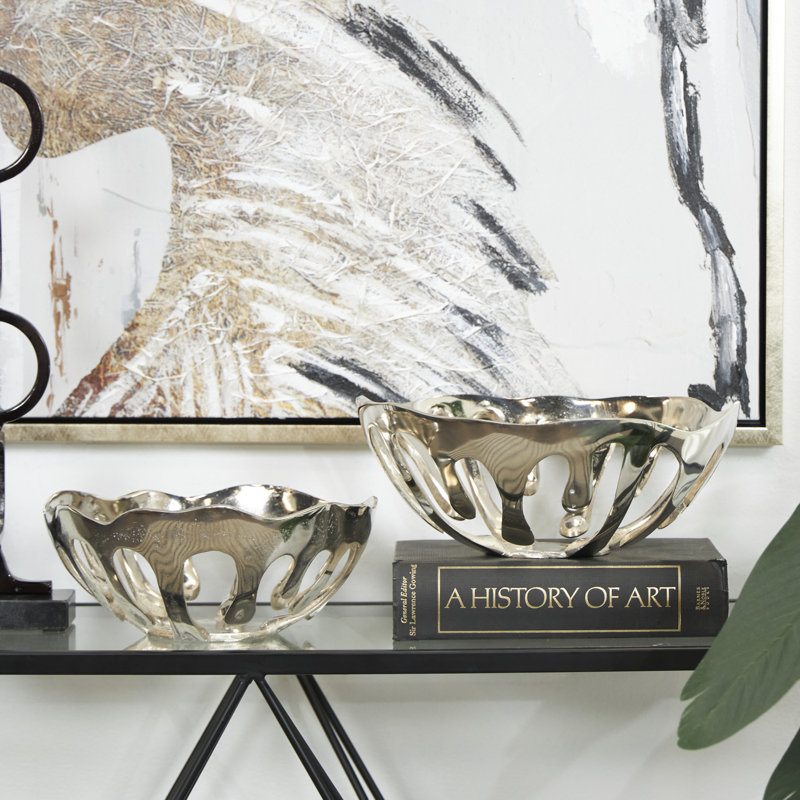 Maielle Aluminum Metal Drip Abstract Decorative Bowl with Open Frame Design Set, Silver