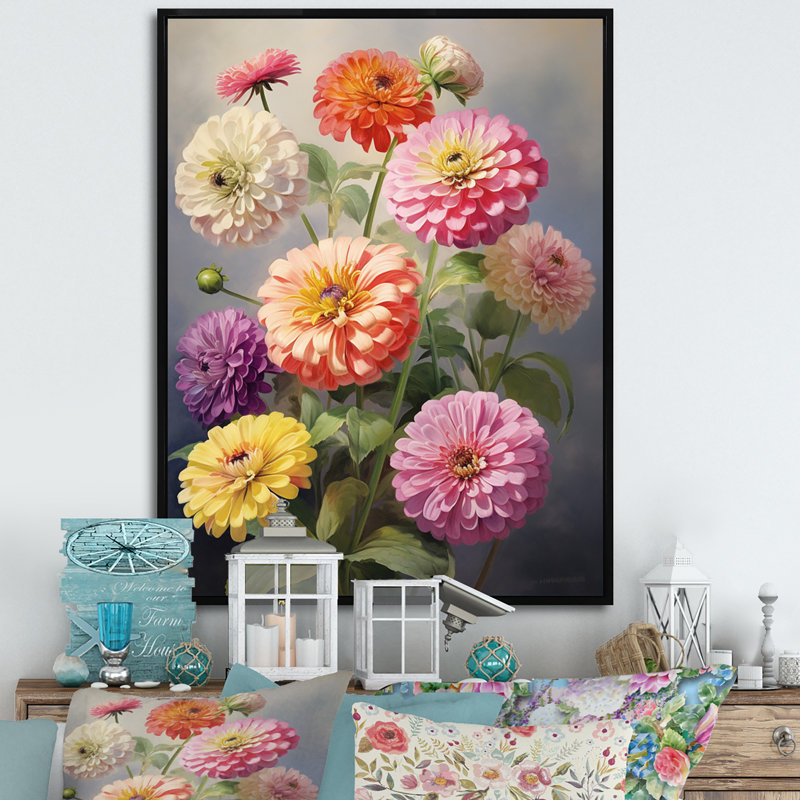 "Colorful Zinnias", impression romantique sur toile encadrée, H 20 po x l 12 po x P 1 po, Cadre flottant noir
