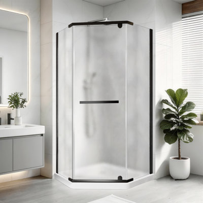 38" W x 38" D x 72" H Semi-Frameless Frosted Neo-angle Pivot Shower Door in Matte Black with Nashiji Pattern Obscure Glass