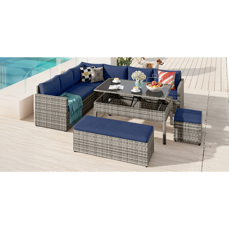 9 Pieces Patio Furniture Set Outdoor Wicker Sectional Sofa Conversation Set, Gray, Blue