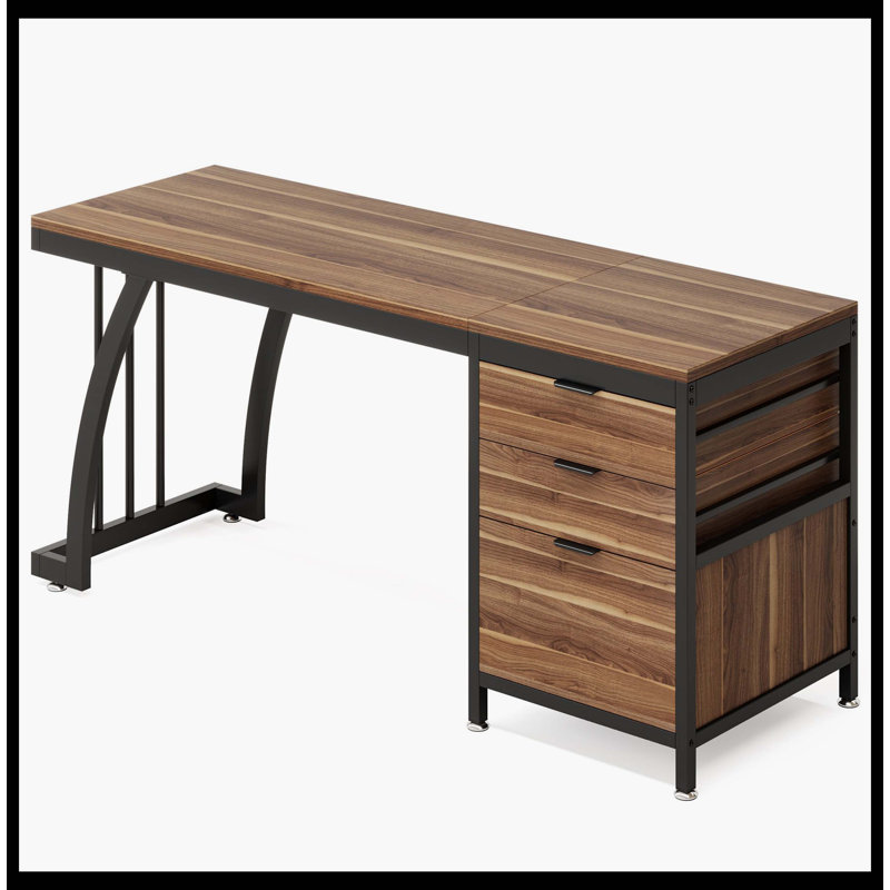 Bureau d'ordinateur industriel, bureau d'étude 59 po avec armoire à tiroirs réversible, Brun / Noir