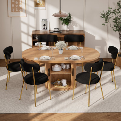 59in Oval Dining Table & Teddy Fabric Chairs Set, Natural Wood & Metal, Modern Dining Room Bundle for Kitchen