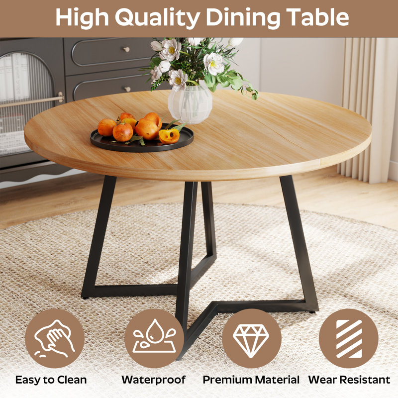 Mid Century Round Dining Table Sets, Natural Wood, 5, Gray