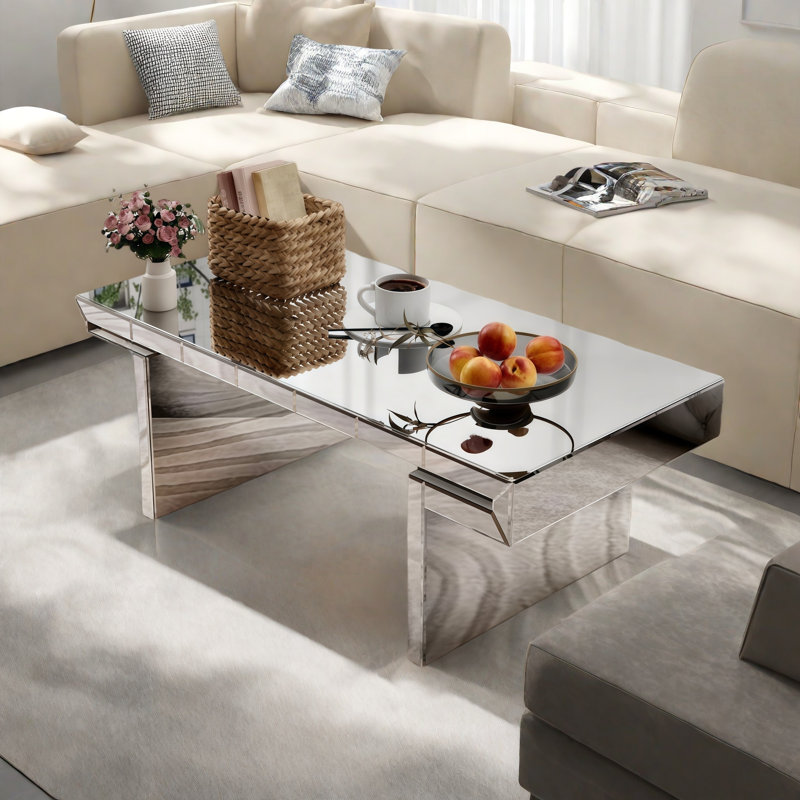 Luxury Rectangular Mirror Coffee Table With Fluted Tempered Glass And Rounded Edges