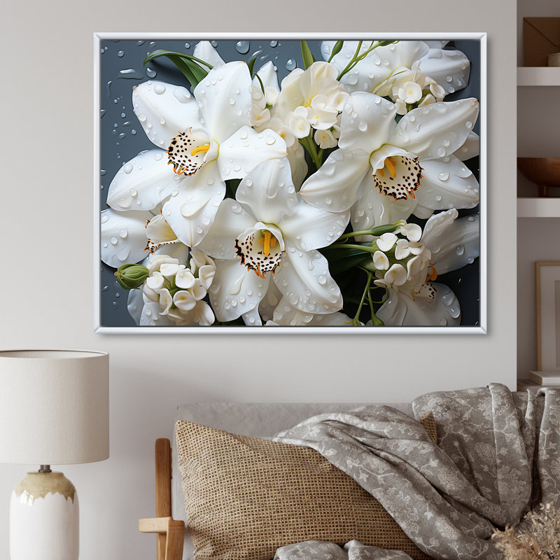 «White Orchids Still Life», reproduction d'art sur toile, Cadre flottant blanc, 12" H x 20" W