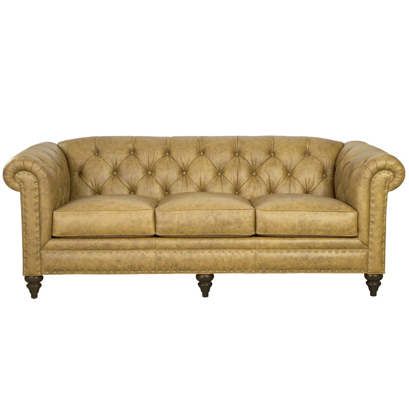 Canapé Chesterfield en cuir véritable à accoudoirs roulés de 88 po Taheem, Beige