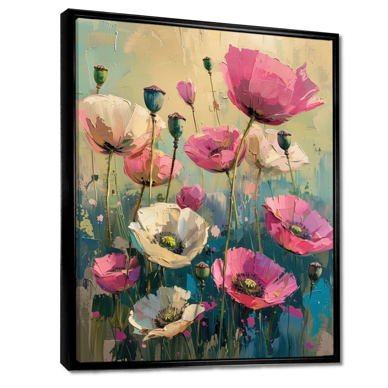 «Pink White Vibrant Symphony Poppies I», reproduction d'art murale coquelicots, Toile avec cadre flottant noir