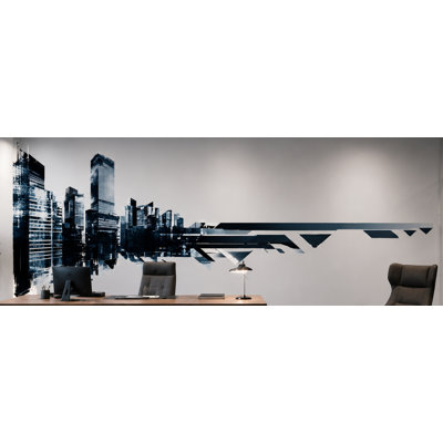 Autocollant mural d'une silhouette urbaine moderne, autocollant mural noir et bleu pour bureau, décoration abstraite de bâtiment urbain, art mural géométrique pour entreprise 682MV