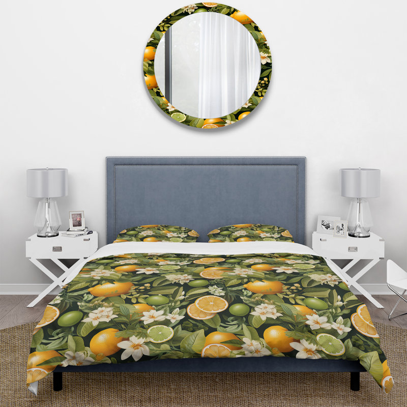 Literie à motif zeste d'agrumes II, Housse de couette pour grand lit et 2 taies décor