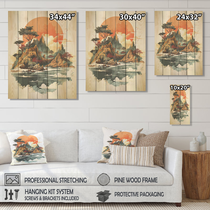 Paysage de lac japonais rétro II - motif côtier tropical sur bois, H 20 po x l 10 po