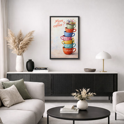 Colorful Stacked Teacups Coffee Quote Artwork, Kitchen Pictures, Framed Canvas Giclee Print Wall Art
