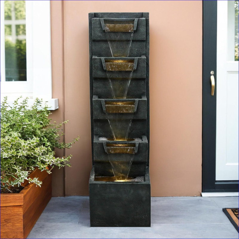 Fountains | Modern 5-Tier 39.3"H LED Fountain for Garden Patio Indoor Entryway | Gray | Resin