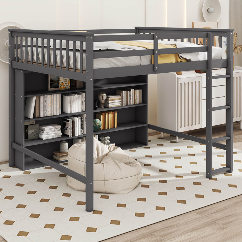 Jimmya Loft Bed with 8 Open Storage Shelves and Built-in Ladder, Twin, Antique Gray