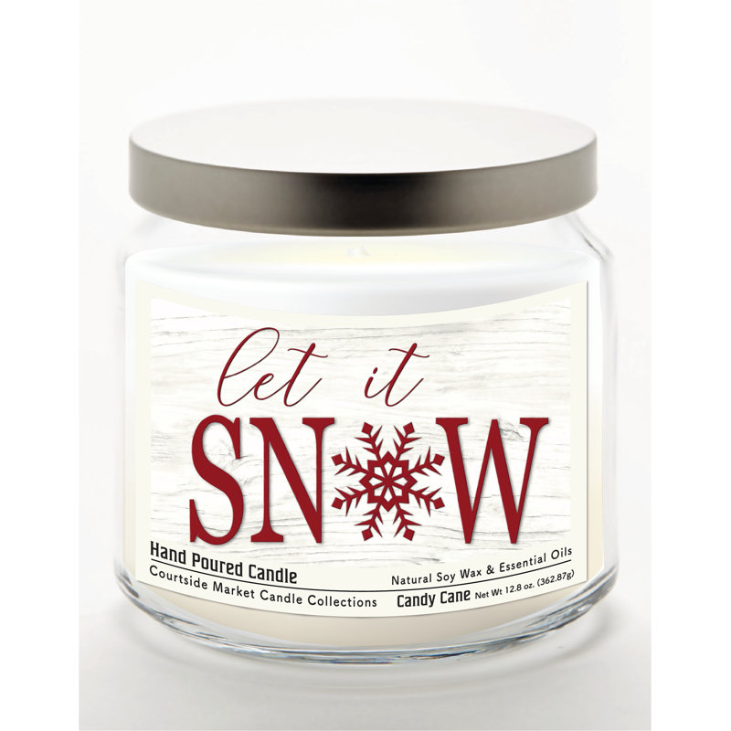 Bougie « Let it Snow » en pot en verre de 400 g avec couvercle en métal argenté brossé