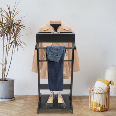 Black Clothing Rack Freestanding Clothes Stand Suit Storage Rack with Top Tray and Shoe Rack for Entryway Bedroom Office Storage