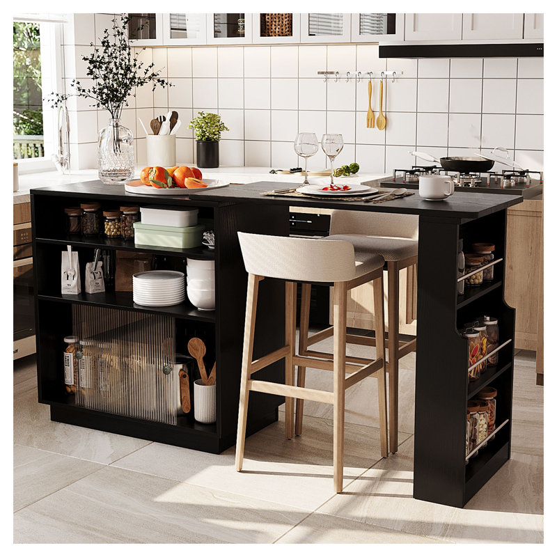 Îlot de cuisine extensible U_Style avec portes coulissantes en acrylique, table de salle à manger et armoire buffet, noir