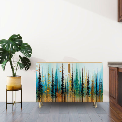Buffet avec rangement et éthéréale forêt de pins brumeux, reproduction d'art à l'aquarelle avec 2 portes pour le salon et la cuisine