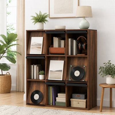 3×3 Cubby Cube Storage Bookcase with Flip Doors, Nine Compartment Cube Organizer Cabinet, Freestanding Display Bookshelf for Living Room Bedroom Office