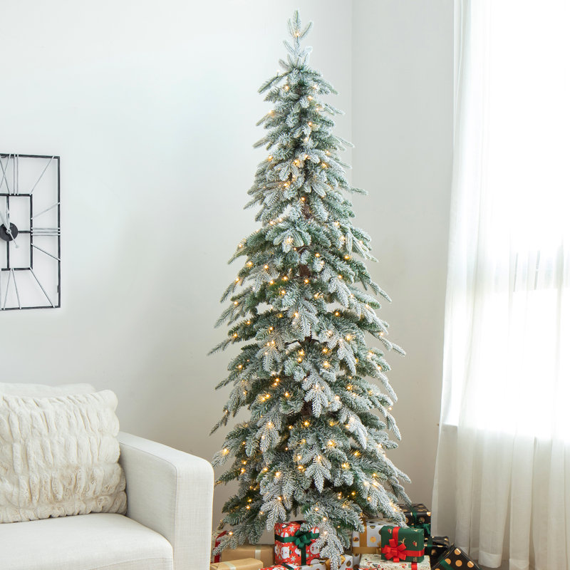 Hersi Flocked/Frosted Realistic Spruce Christmas Tree with LED Lights, 7.5 ft