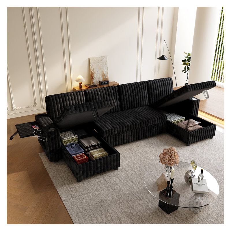 Très grand canapé-lit en forme de U avec méridienne de rangement, canapé modulaire modulaire avec station de charge USB et porte-gobelets, lit gigogne convertible pour le salon