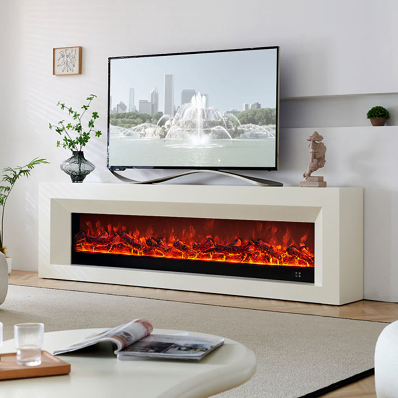 Beige Solid Wood TV Cabinet Fireplace, Beige, 27.56" H x 78.74" W x 12.99" D