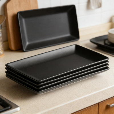 Porcelain Serving Platter Set Of 4, 10 Inch Rectangular Black Serveware For Party Appetizer Sushi Dessert, Dishwasher Microwave Safe Dinner Plates For Entertaining Thanksgiving Christmas