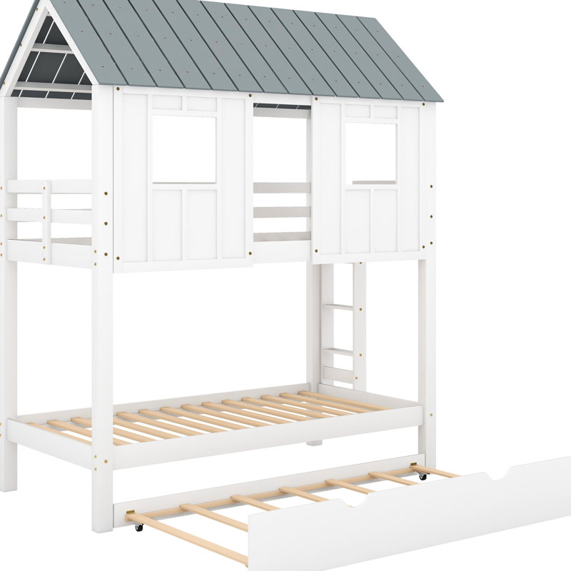 Twin Size House - Style Bunk Bed With Trundle, Roof And Windows, White + Grey, Easy Assembly For Bedroom Decor Home