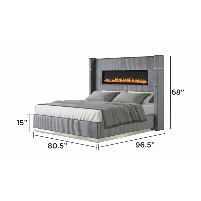 Upholstery Wooden Bed With Ambient Lighting Velvet, Très grand lit, Antique Gray