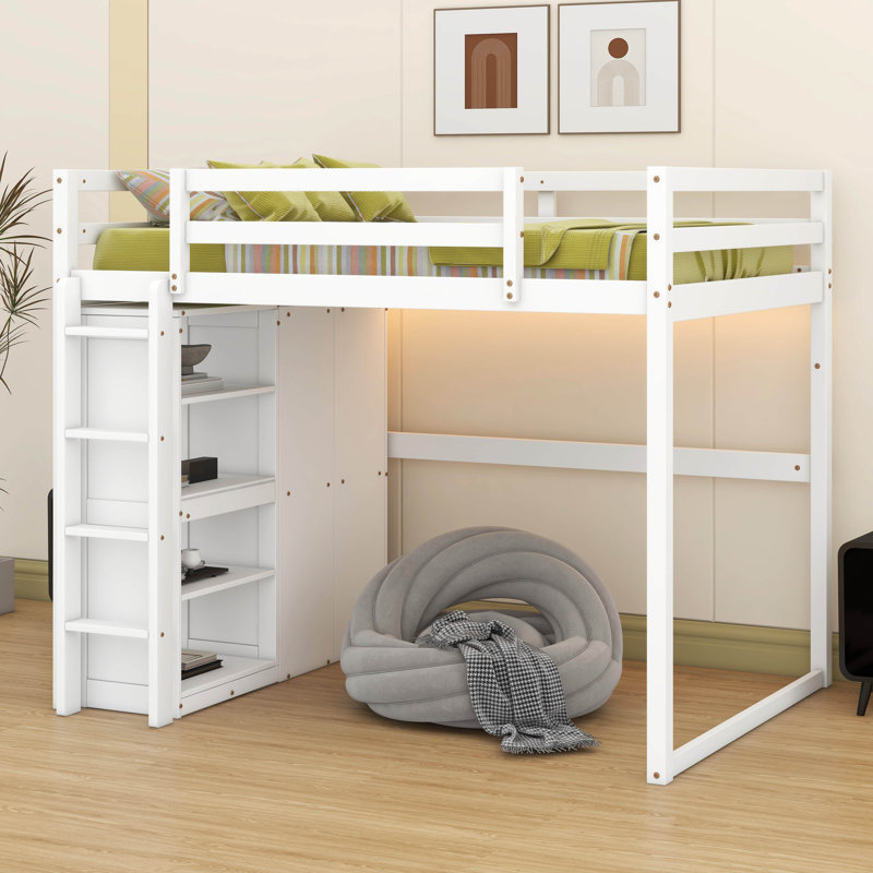 Lit mezzanine double avec lumière DEL, cadre de lit mezzanine en bois avec tablettes de rangement et garde-robe, Blanc