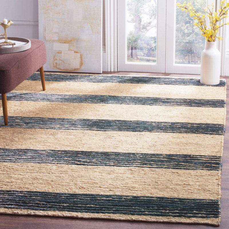 Tapis en jute / coton noué à la main Hedman beige / brun / bleu, Rectangle 4 pi x 6 pi
