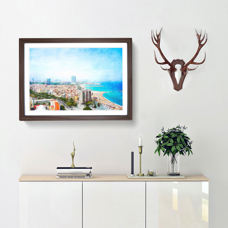 The Barcelona Skyline in Spain - Picture Frame Painting Print, 62cm H x 87cm W x 2cm D, Walnut Framed