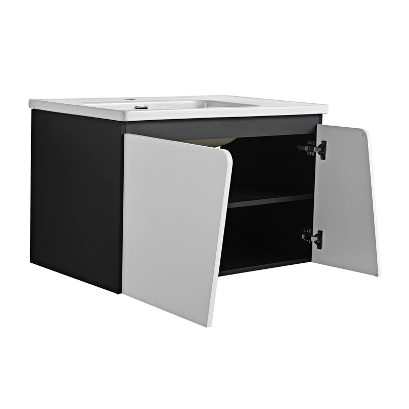 Lincheta 31.70'' Single Bathroom Vanity with Ceramic Top, White/Black