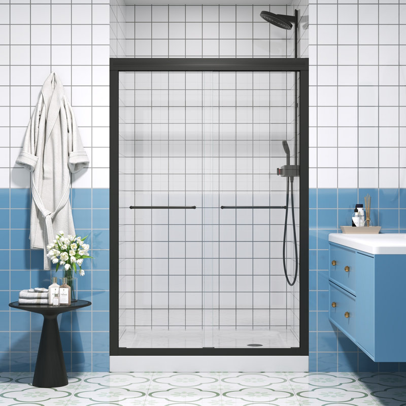 Half Frameless Double Sliding Glass Shower Door with 1/4 Inch Tempered Safety Glass and Matte Black Finish, Adjustable Width 44-48 Inches x 72 Inches Height