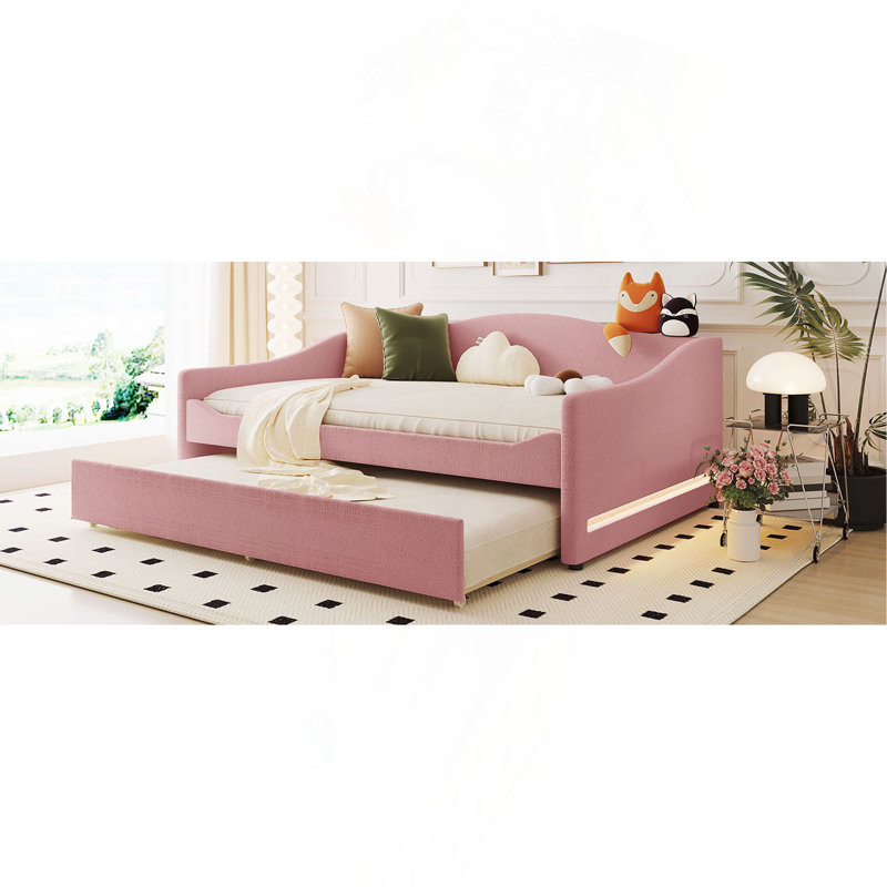 Teddy Fleece Full Size Upholstered Daybed With Light And Trundle, Pink